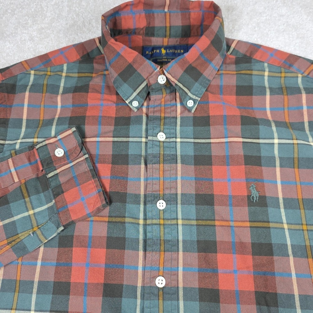 Ralph Lauren Shirt Mens L Rust Red Green Teal Plaid Custom Fit Vintage